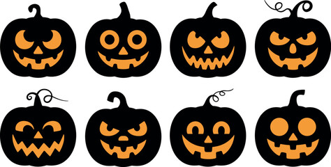 A collection of eight carved halloween pumpkins with glowing orange faces and stems on a white background