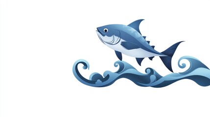 Naklejka premium Cartoon tuna leaping over waves, ocean background, seafood illustration