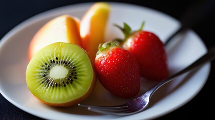 Exotic delight: Fresh strawberries, kiwi and apple slices on white plate