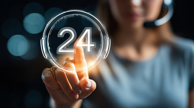Customer service representative activating 24/7 support icon with glowing finger touch, highlighting constant availability for clients