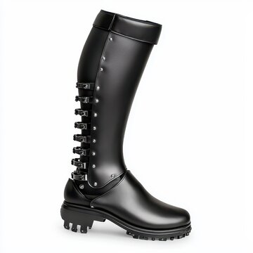 Black Leather Tall Boots with Buckles on White Background
