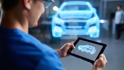 Mechanic uses tablet to interact with holographic car in modern workshop