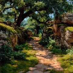 Obraz premium Sunlit path through mossy rocks and trees