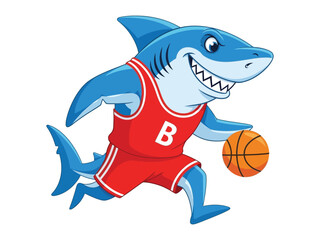 Naklejka premium Shark Dunking Dreams: A vibrant cartoon image depicts a shark dribbling a basketball, geared up in a sporty uniform, showcasing the thrill of athletics and animated design.