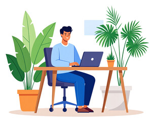 Smiling man in a blue sweater working on a laptop at a wooden desk surrounded by green houseplants.
