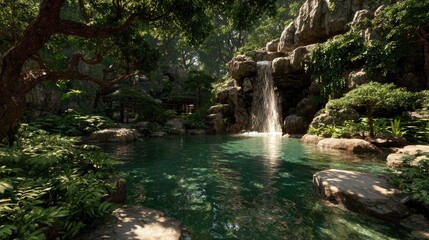 Naklejka premium Lush garden with waterfall