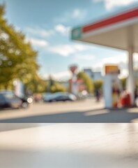 Fototapeta premium blurred gas station convenience store exterior with bokeh effect summer day