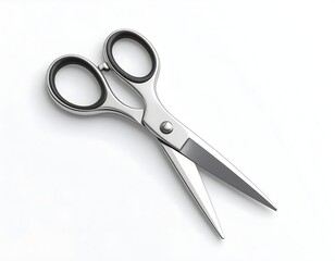 A pair of open metal scissors with black handles isolated on a clean white background with a soft shadow.