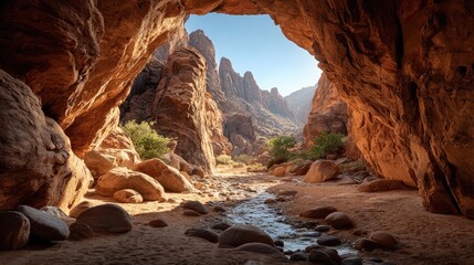 Sunny desert canyon vista through an archway