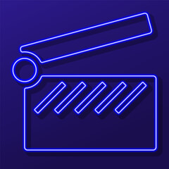 clip clapper neon sign, colorful modern design trends on black background. Vector illustration.