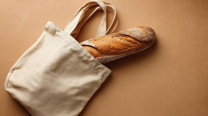 Freshly baked baguette in a reusable canvas tote for sustainable shopping and zero waste lifestyle, promotes eco-friendly choices with delicious bread