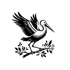 Fototapeta premium Black and white illustration of a stork perched on a branch