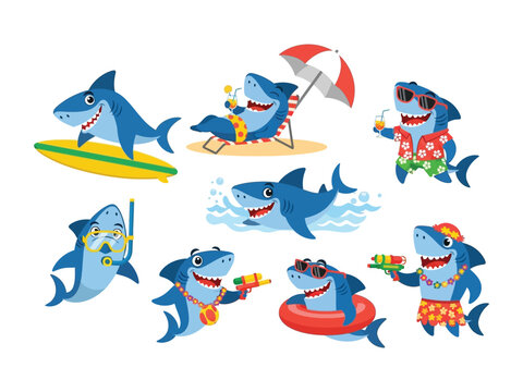 Shark's Summer Fun: A delightful illustration capturing cartoon sharks enjoying various summer activities, radiating joy and fun with their sunglasses and playful attitudes.
