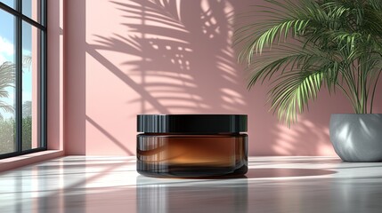 Amber jar, pink room, plant shadow, product display