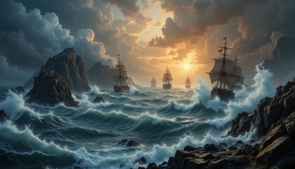 Fototapeta premium Tall ships sailing on rough seas at sunset