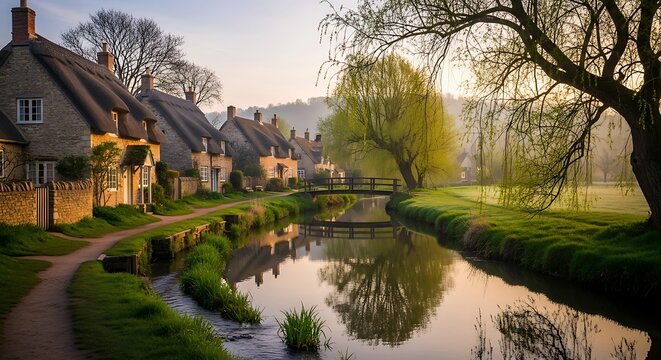 Idyllic cotswolds village scene with river and thatched roof cottages