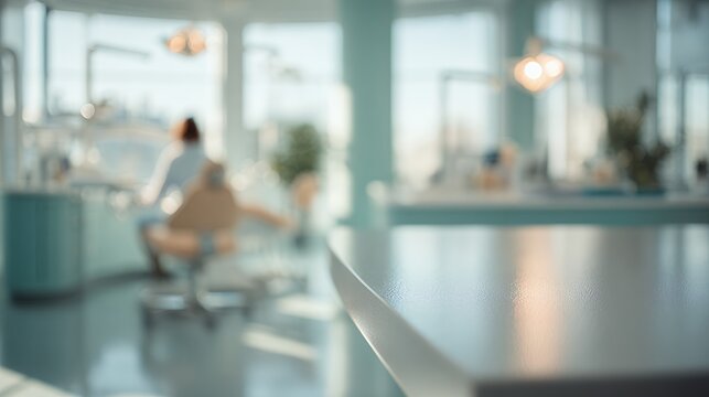 blurred hospital medical laboratory interior with turquoise design elements modern healthcare facility