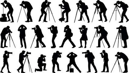 Silhouettes of photographers capturing moments with tripods and cameras in various dynamic poses