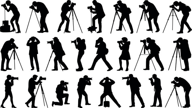 Silhouettes of photographers capturing moments with tripods and cameras in various dynamic poses - Powered by Adobe