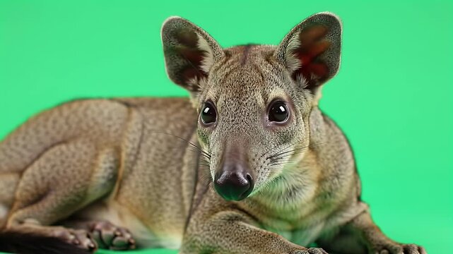 Cute Marsupial with Big Eyes Lying on a Vibrant Green Screen Background, Studio Shot for Easy Compositing