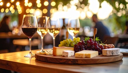 Fototapeta premium Closeup of Gourmet Snack Featuring Charcuterie, Cheese, and Grapes on Rustic Board for Culinary Stock Images