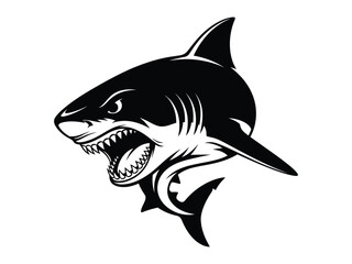 Obraz premium Menacing Aquatic Predator: A stark black and white illustration showcases a fierce shark, jaws agape, teeth bared, capturing its predatory essence in sharp detail.