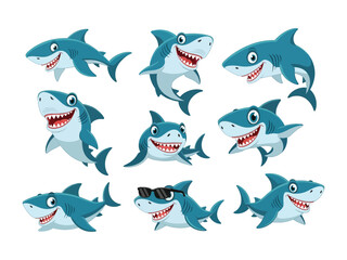 Obraz premium Smiling Sharks: A vibrant collection of nine cheerful sharks, each with a distinct personality, swimming and grinning to delight audiences and celebrate the magic of the ocean.