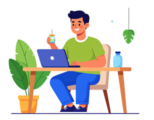 Fototapeta premium Young man with dark hair in a green shirt working on a laptop at a wooden desk holding a mate drink.