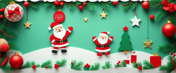 Abstract paper cut Christmas design; festive balls, garland, tree, Santa, textured background,  art,  garland