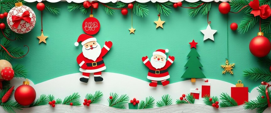 Abstract paper cut Christmas design; festive balls, garland, tree, Santa, textured background, art, garland