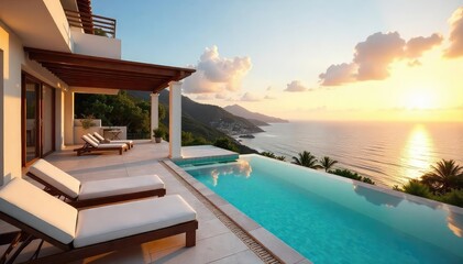 Fototapeta premium Luxurious holiday villa with private pool, sun loungers, and breathtaking ocean views Perfect for a relaxing getaway Enjoy outdoor dining and stunning sunsets , terrace, relaxation