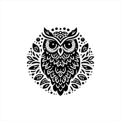Intricate black and white owl mandala design