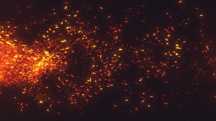 Flying sparks and embers from a fire. Abstract glowing particles of burning fire and smoke on a black background, campfire flashes. Cinematic background - Powered by Adobe