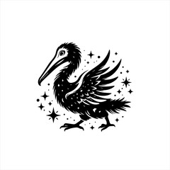 Fototapeta premium Whimsical black silhouette pelican with stars and sparkles