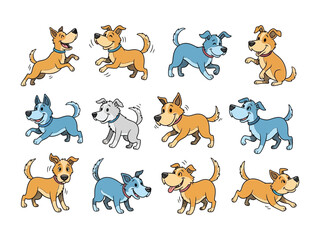 Playful Canine Collection: A charming illustration of a dozen playful dogs with various colors and expressions, conveying joy and energy