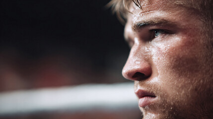Obraz premium Intense closeup captures a mans sweatdrenched face in profile. Determination and focus are evident. Perfect for themes of sports, effort, resilience, or personal struggle.