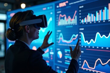 A business analyst utilizing virtual reality to explore a 3D interactive KPI analytics dashboard.