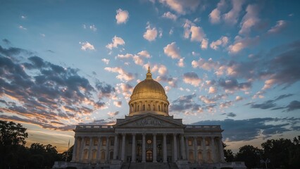 Fototapeta premium The state capitol building illuminated at sunset with a dramatic cloudy sky background.