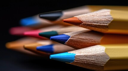 Colorful pencils close-up, art supplies, dark background, creative work