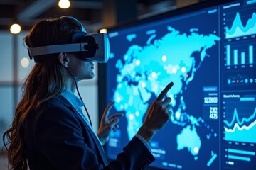 Business Analyst utilizing virtual reality technology to navigate through a 3D interactive KPI data dashboard in business analytics.