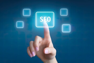Finger Tapping Seo Button On Digital Interface For Search Engine Optimization And Online Marketing Strategy
