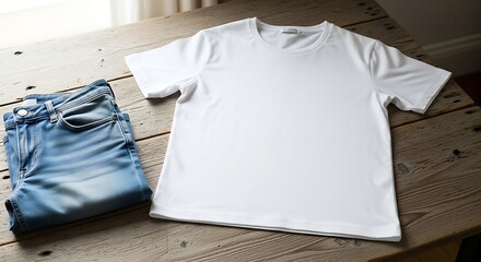 White tshirt and folded blue jeans on a wooden table
