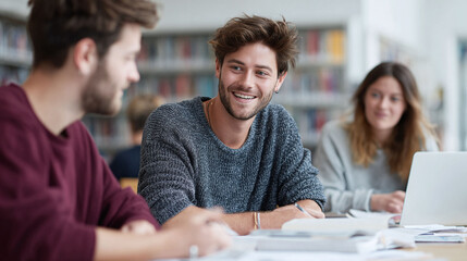Happy students studying together in library. Concept for teamwork, collaboration, learning, university life. Bright, youthful, and inspiring image.