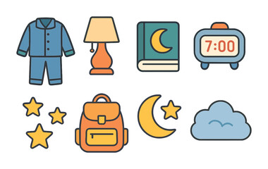 Evening Prep Icons. Flat vector mini-illustrations Evening prep checklist in colors children's illustrations:
