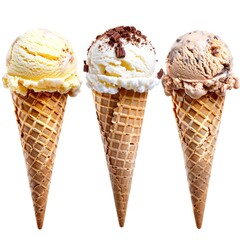 Three ice cream cones, yellow, white chocolate, and brown