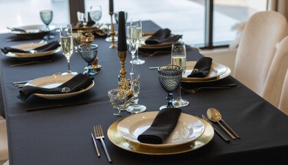 Fototapeta premium Elegant table setting for a formal dinner party with black and gold decor