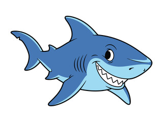 Smiling Shark Illustration: A cheerful, blue shark with a wide grin, showcasing its sharp teeth, swims gracefully in a minimalist style, creating a friendly underwater presence.