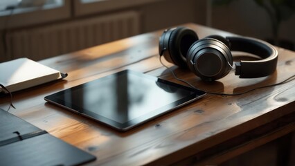 Digital Tablet and Black Headphones Resting on a Textured Wooden Desk in Soft Light