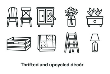 Thrifted Decor Icons. Outline icon set of thrifted and upcycled decor: mismatched chairs, repainted cabinet,