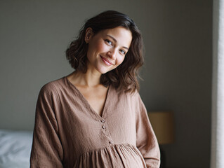 Fototapeta premium Portrait of a beautiful pregnant woman looking at camera with a gentle smile. Represents motherhood, anticipation, and the miracle of life. Perfect for pregnancy related topics.
